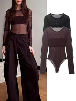 Women Sexy Mesh See Through Bodysuit Women Long Sleeve Sheer Bodysuits O Neck Bodycon Jumpsuit Female Romper 1