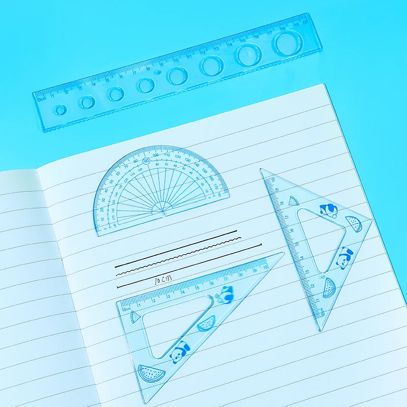 4pcs Transparent Triangle Rulers Set Maths Drawing Metal Ruler Stationery Rulers Mathematical for School