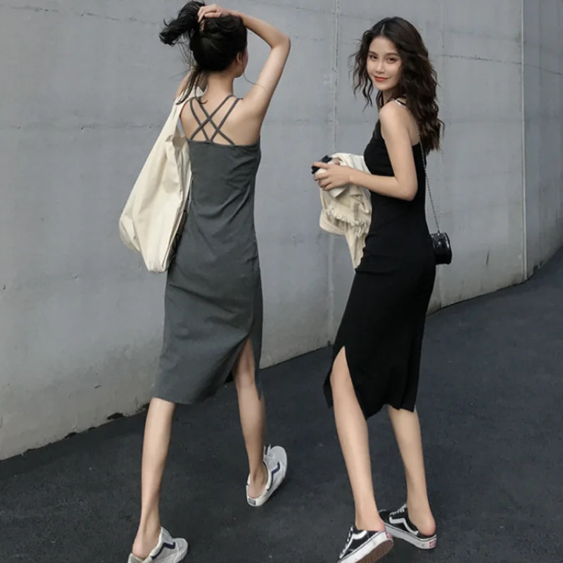 

Summer Korean Style Midi Dress Women Casual Black Long Dresses Plus Size Short Sleeve Sexy Side Open Party Maxi T Shirt Dress