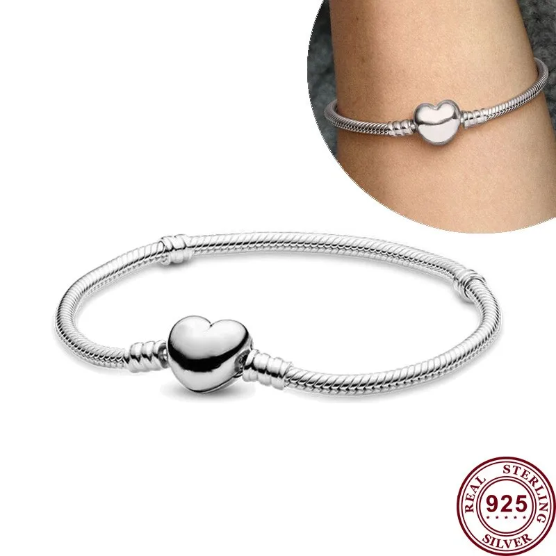 High Quality Original 925 Sterling Silver Brilliant Love Heart Snake Women's Classic Sign Bracelet Wedding DIY Charm Jewelry