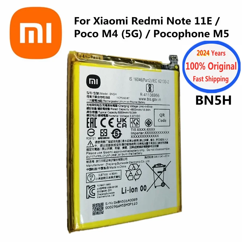 

2024 Years BN5H Original High Quality Battery For Xiaomi Redmi Note11E / POCO M4 5G / Pocophone M5 5000mAh Phone Battery Bateria