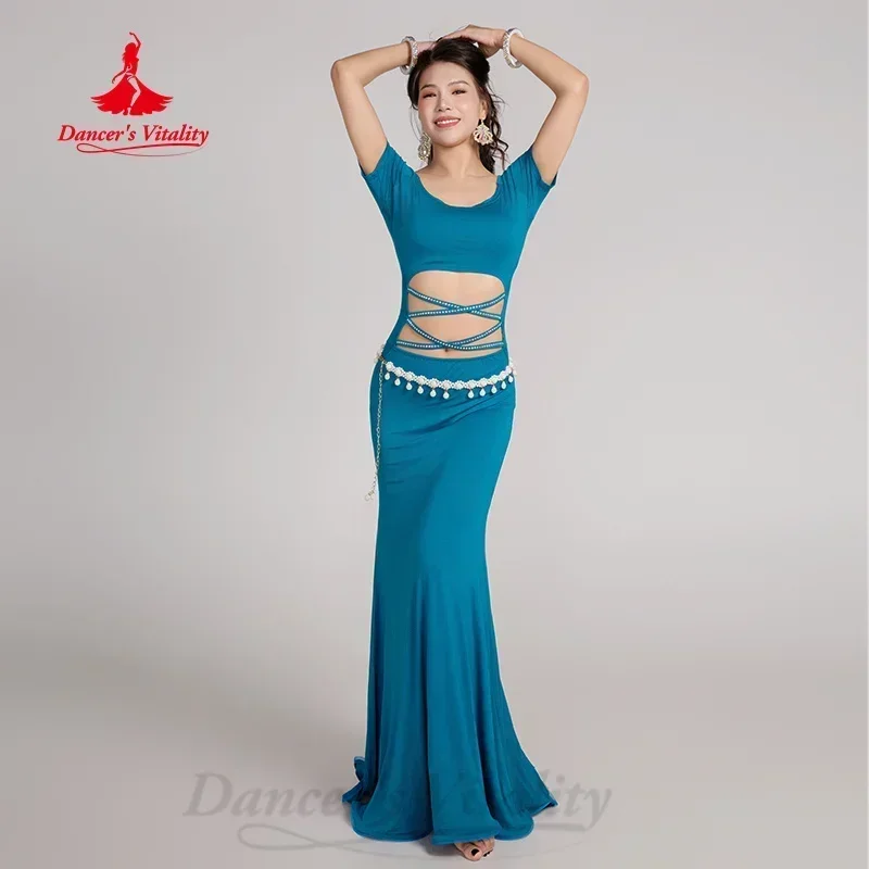 OTMYIGO Ensemble de 5 pièces Costumes de Danse Bollywood Ensemble de Costumes de Danse du Ventre Indien pour Les Femmes Ensemble de Orientale en Mousseline de Soie,Lake Blue,XXL