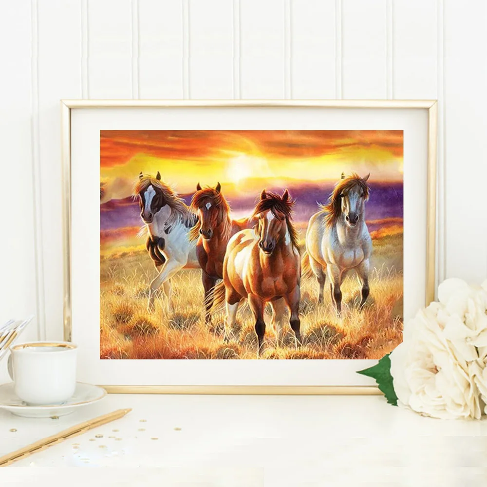 Huacan Diamond Painting Horse Sunset Scenery Wall Sticker 5d Diy Diamond Embroidery Mosaic Animal Natural Landscape Room Decor
