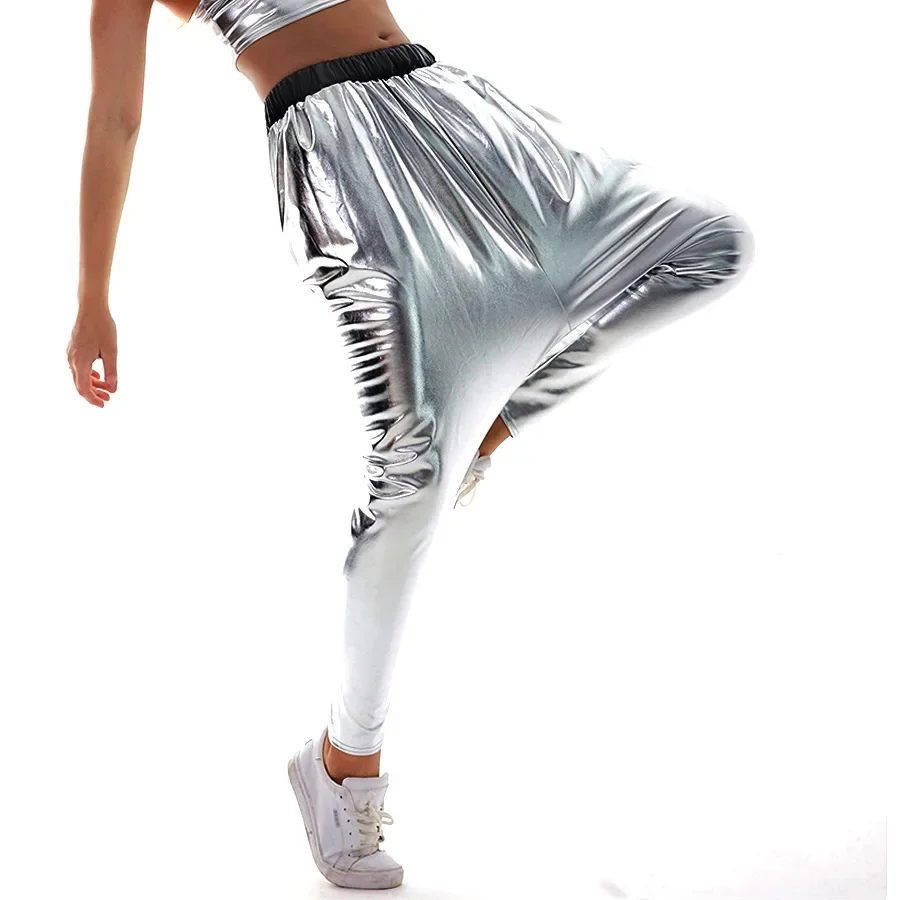 

Women Shiny Metallic Harem Pants Streetwear Halloween Hippop Costume Festival Rave Dance Jogger Trousers for Nightclub Party