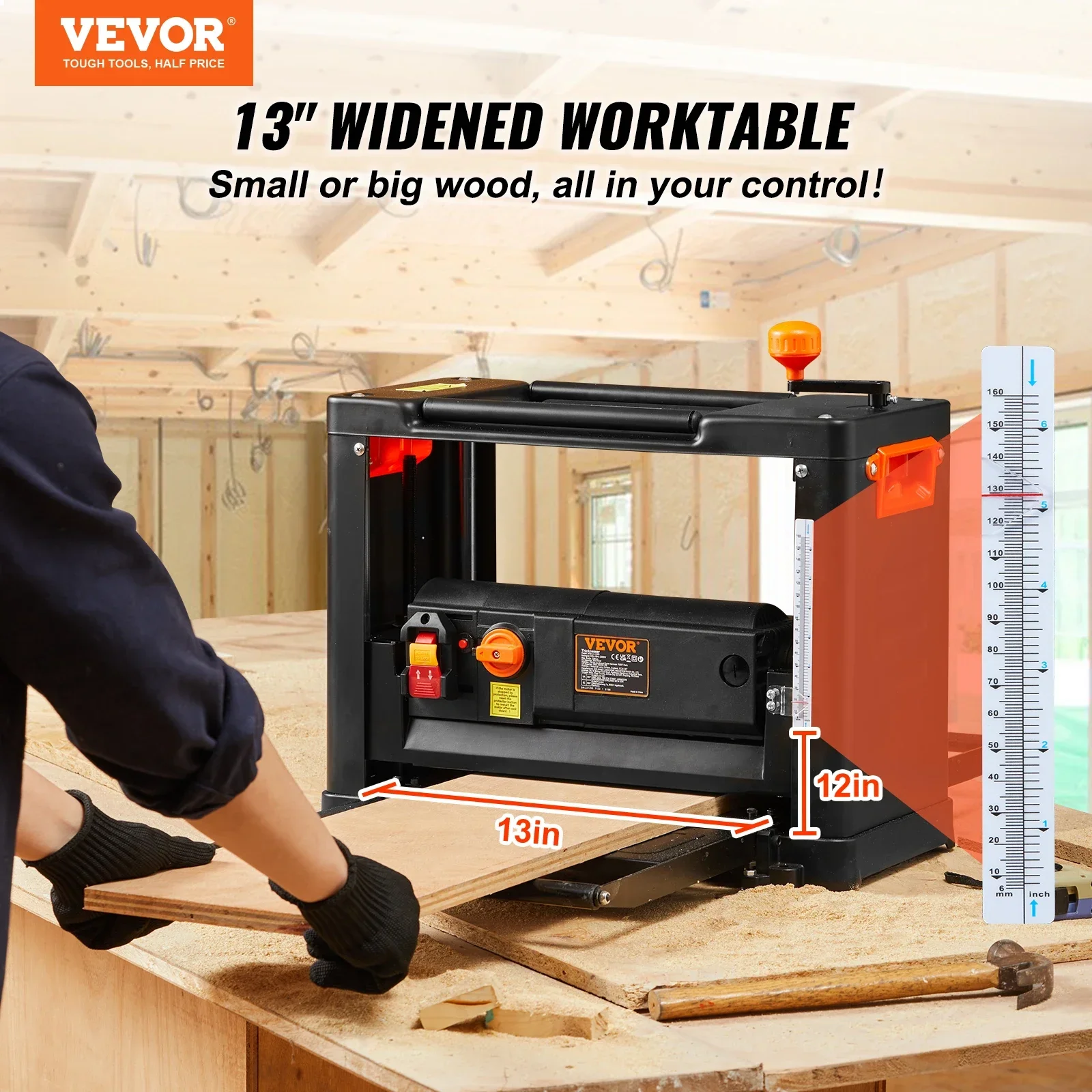 VEVOR Electric Thickness Planer Benchtop 13inch Wood Planer Three Blades Two Speed 15-Amp 2000W for DIY Woodworking Planing