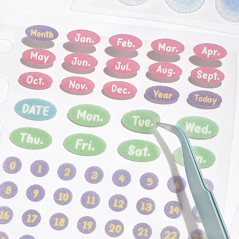 8pcs/set Flash PET Sticker Scrapbook Time Schedule Sticker Journaling Month Week Date DIY Decor Labels Student Diary Supplies