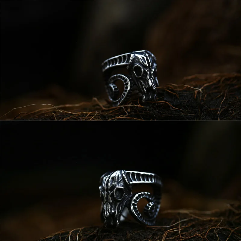 Stainless Steel Ring Finger Ring Opening Ring Beier 316L Stainless Steel Nose Viking Ancient Dish Sheep Head Skull Man Ring Vintage Opening Animal Jewelry BR8-042
