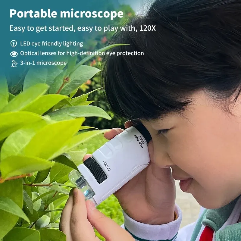 LED Lighted Pocket Microscope Kids Outdoor Science Props 60x-120x Educational Mini Handheld Children STEM Toys 5