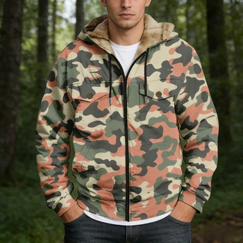 Giacca Mimetica Foderata in Pile per Uomo, Cappotto Invernale Caldo con Cappuccio e Cerniera, Tasche con Bottoni, Giacca Bomber Casual Antivento per Esterno