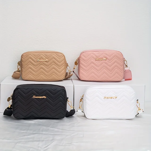 An embroidered wave patterned crossbody bag with wide shoulder straps and letter labels, a fashionable and simple casual small s