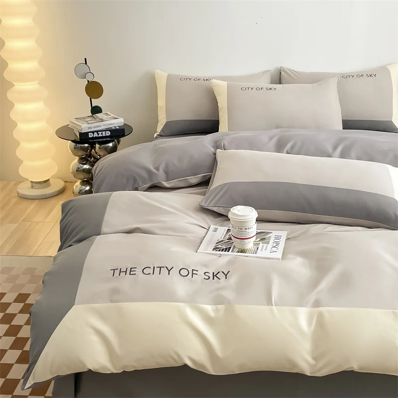 

Hot sales Pure Cotton Splicing Process Three Piece Set Four Piece Bedding Set Duvet Cover with Bed Sheet Pillow Cover Grey