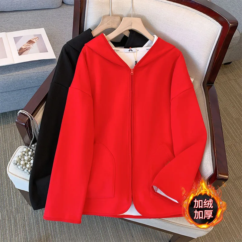 

Plus Size 9xl Women's Autumn Winter Fleece Hooded Cardigan Sweatshirts Bust 160cm 5XL 6XL 7XL 8XL Casual Loose Hoodies red 160KG