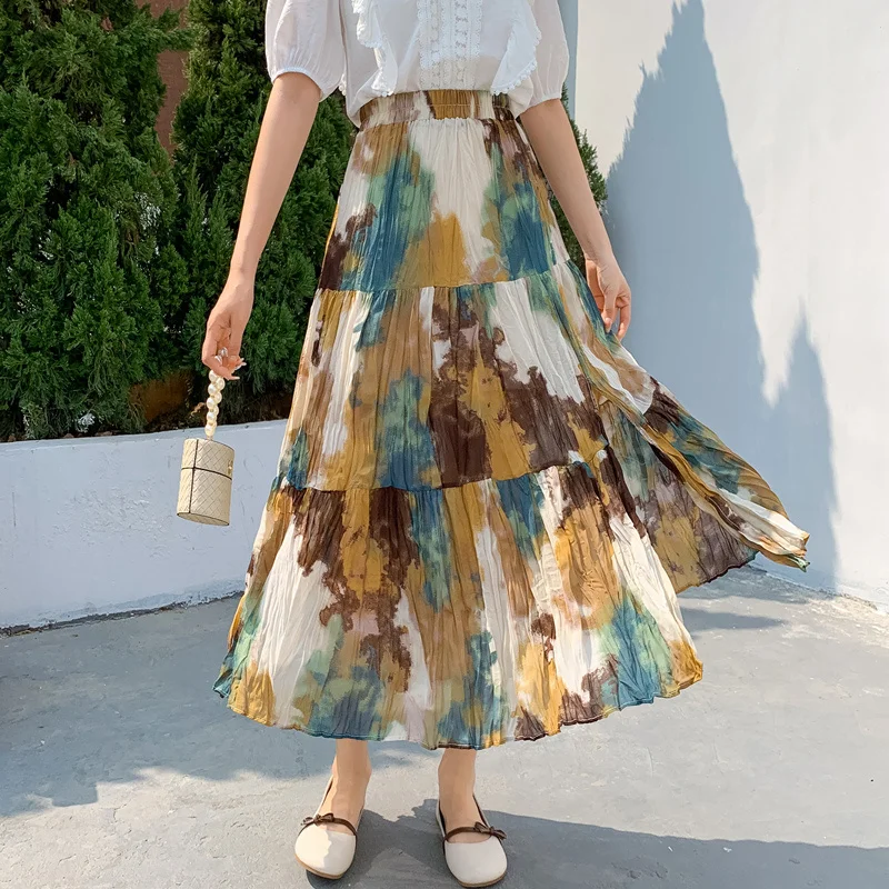 

Fashion Tie Dyeing Art Print Skirt Women 2023 Spring Summer Vintage Chiffon Long Skirt High Waist Pleated Midi Female Jupe P359