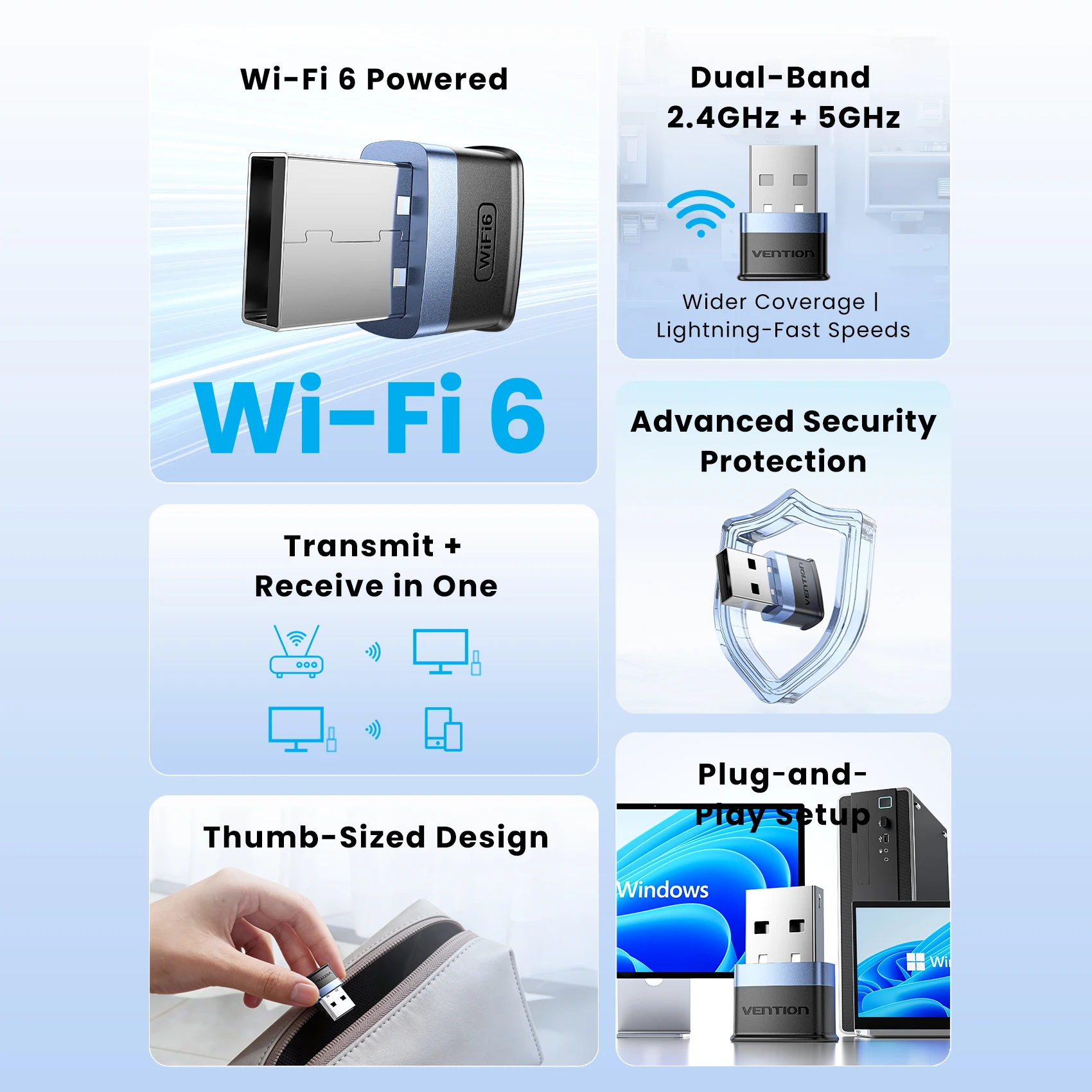 벤션 WiFi 6 USB 어댑터 AX900 무선 네트워크 카드 듀얼 밴드 2.4GHz 5GHz 동글 안테나 USB 와이파이 (윈도우 PC 노트북 11 10 호환)