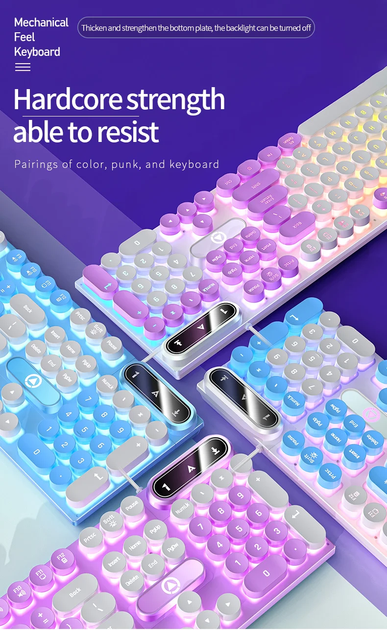 máquina de escrever redonda teclas teclado de jogos com fio teclado cor correspondência backlit computador periféricos para desktop portátil