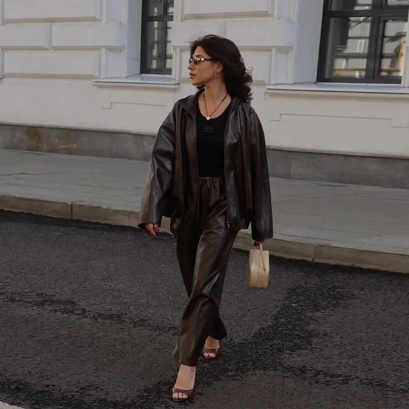 Street Zipper Leather Jackets Skirts Sets Women Loose Stand Collar Full Sleeve Coat Straight Skirt 2025 Autumn Winter Lady Suit S20d6f705ef594336bb24e2868f260c19f