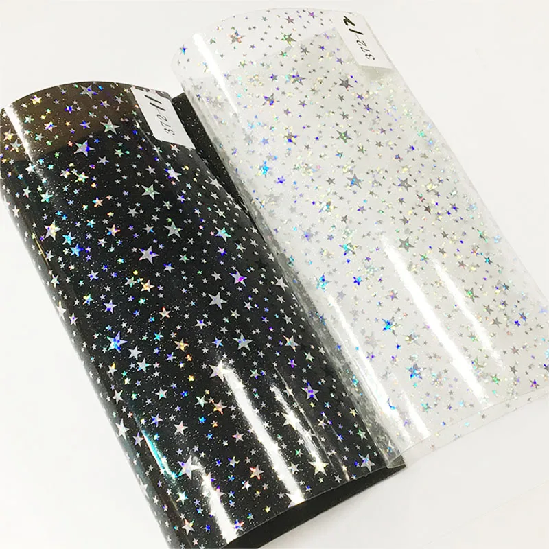 

Eco Holographic Vinyl Fabric Jelly color Star Printed PVC neon Vinyl Film for Making Hair Bow Ribbon/glass window decoration/DIY