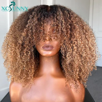 Blonde Afro Kinky Curly Wig Human Hair Machine Made Scalp Top Wig With Bangs Brazilian Ombre Blonde Wigs Human Hair Xcsunny 1