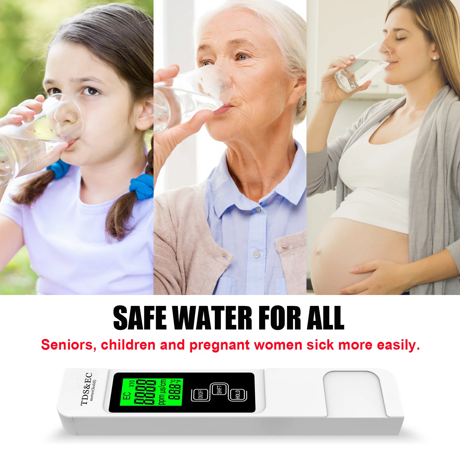 TDS Meter EC Meter Temperature Meter 4 in 1 0-9999ppm for Drinking Water Hydroponics Aquarium