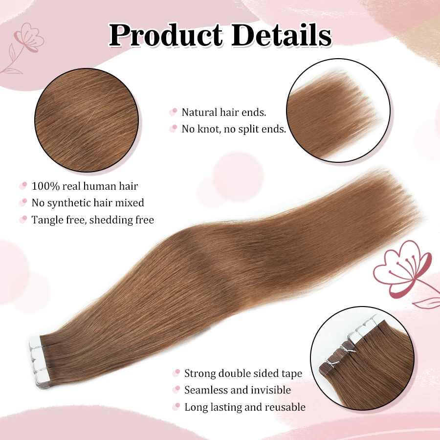 Vlasy 12'-24' Tape in Hair Extensions Human Hair Straight Seamless Remy Hair Natural Soft Skin Weft Tape in Hair Balayage 10PCS