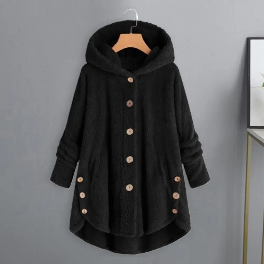 

Lady Winter Coat Stylish Women's Winter Coat Thick Double-sided Fleece Hooded Design Irregular Hem Pockets Chic Single-breasted