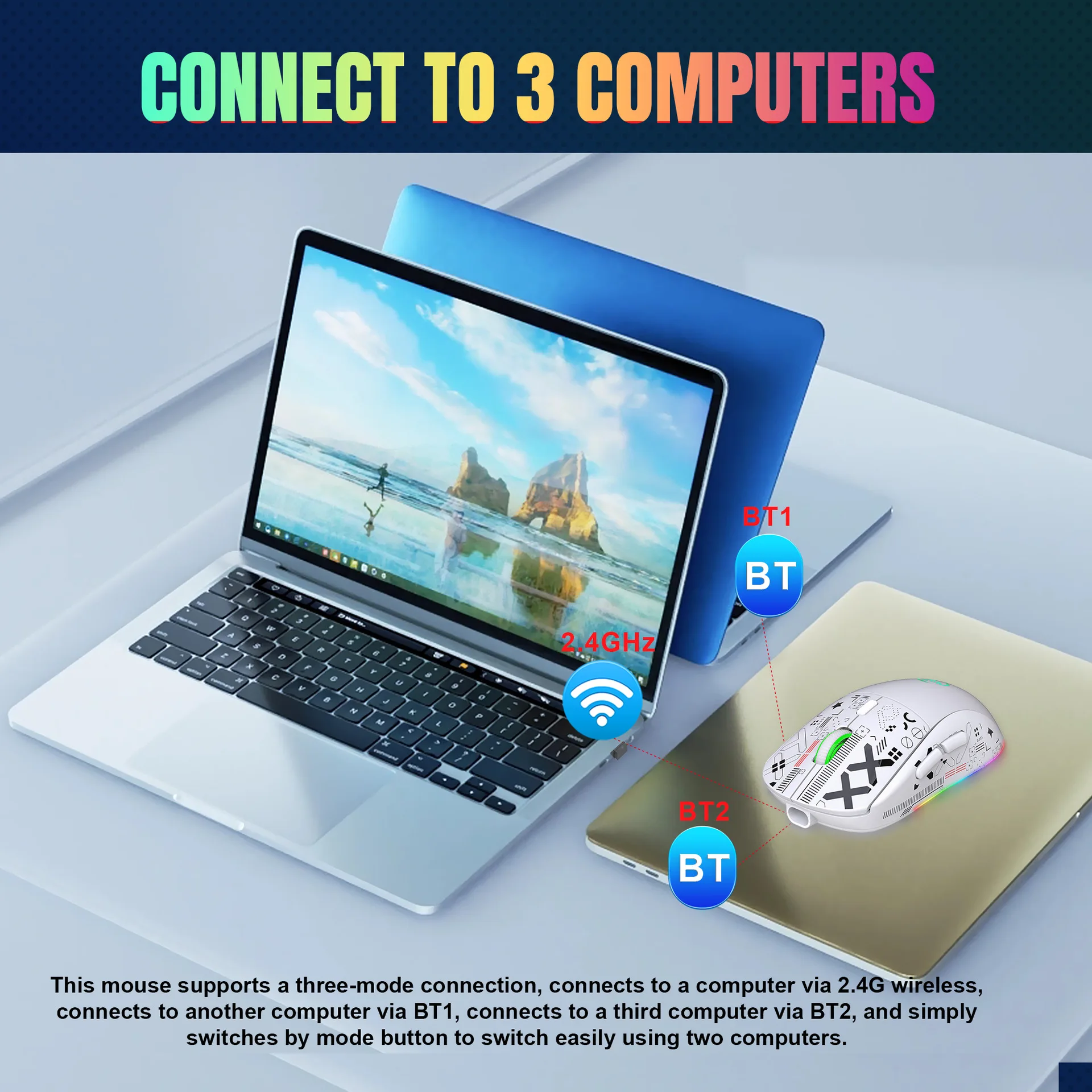 무선 게임 마우스 물 전송 Slient RGB 발광 마우스, TYPE-C 충전 지지대, T90 3 모드, 2.4G, BT1, BT2, 도매