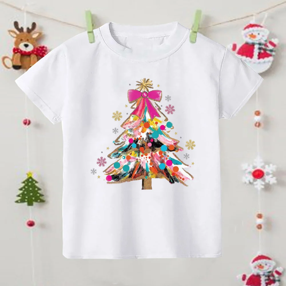 thumbnail image 4 of Camisa con estampado de lazo de árbol de Navidad para niñas, atuendo de fiesta de Navidad, camiseta navideña, camisetas de manga corta para niños, ropa, 4 of 5