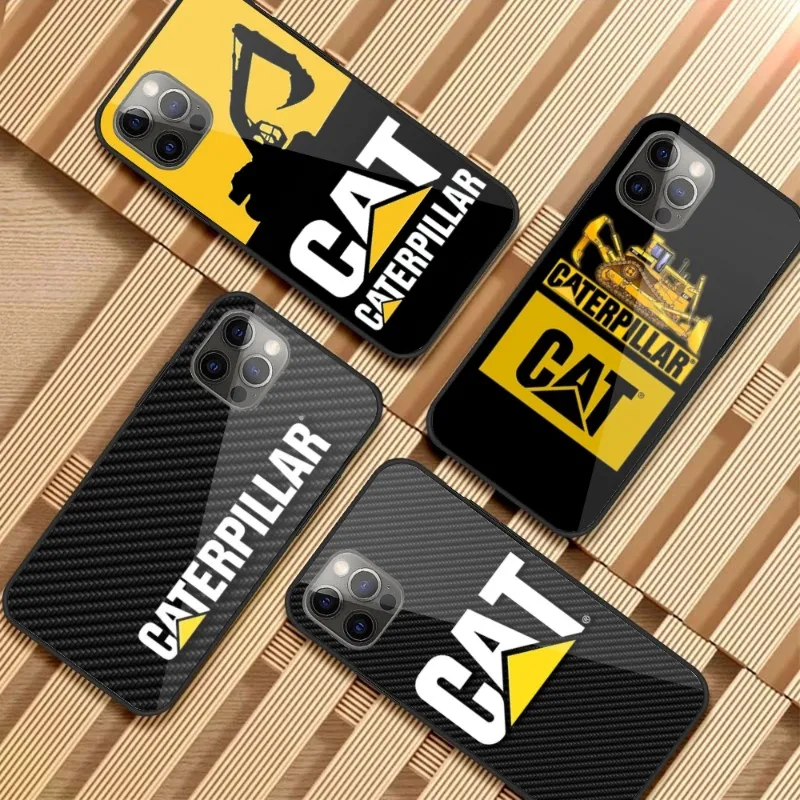 

Крутой чехол C-aterpillar для телефона с изображением кота экскаватора для IPhone 14 13 12 11 XS X 8 7 6 Plus Mini Pro Max SE 2022, черный стеклянный чехол из поликарбоната и ТПУ