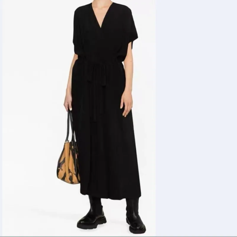 

2024 Summer Viscose Long Black V-neck Dress for Women