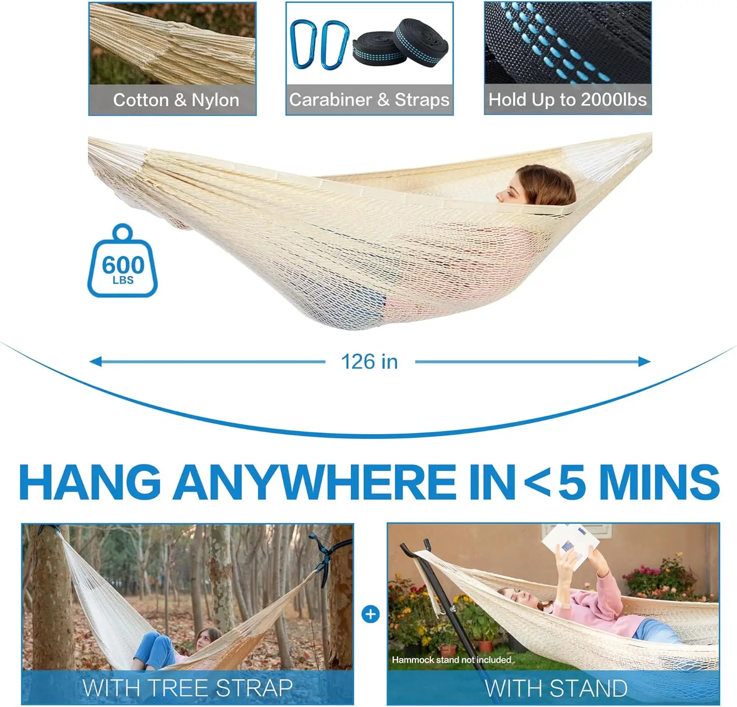 Mayan Hammock Handwoven XL Thick Soft Rope Hammocks for Outdoor Indoor  Max 600 lbs Capacity  Tree Straps Carabiners 6