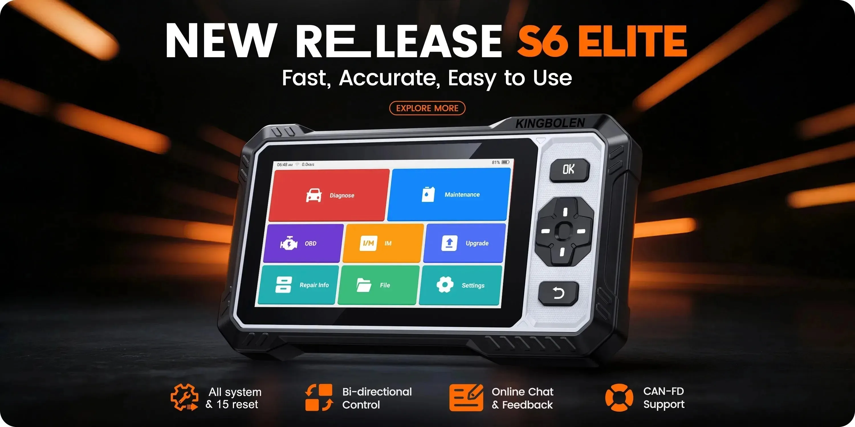 KINGBOLEN S6 ELite CAN FD Allsystem-Autodiagnosegerät Bidirektionaler Test Auto OBD Scanner SAS TPMS 15 Reset-Funktionen Lebenslange Kostenlose Updates – Detail 1
