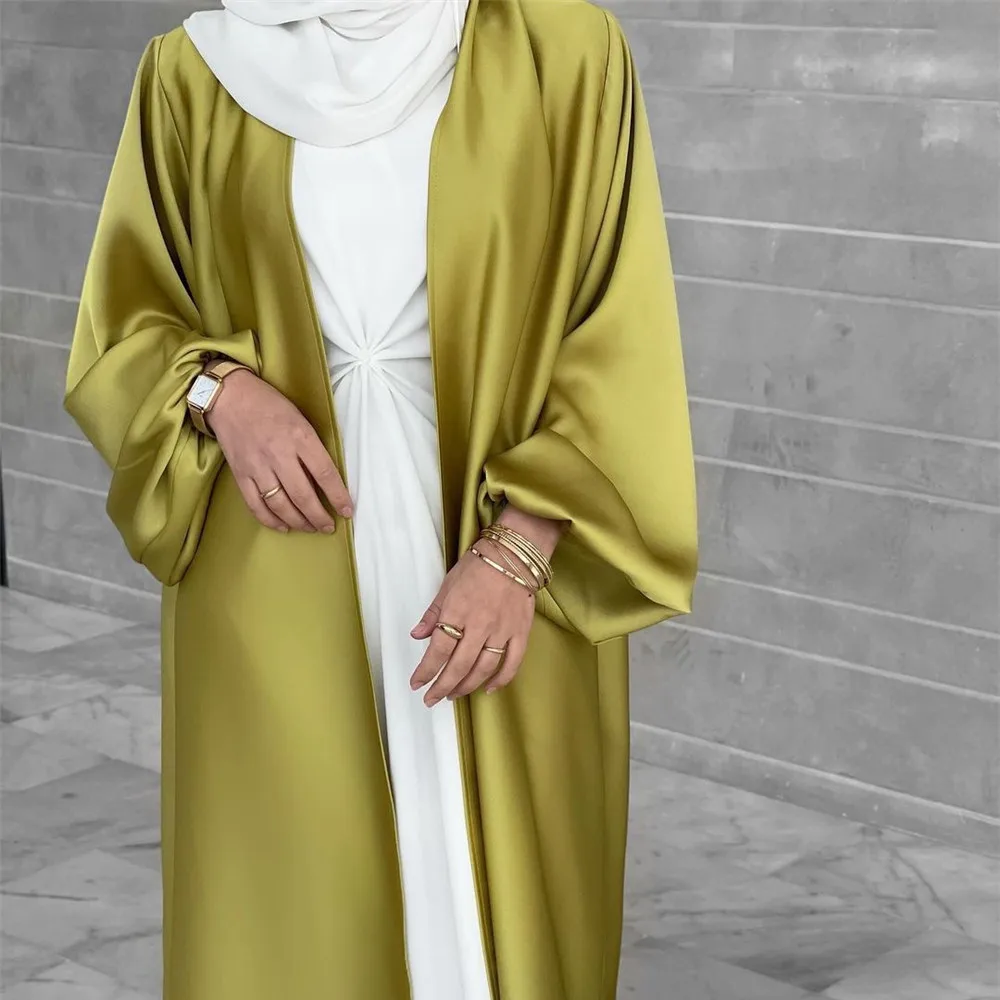 

New Fashion Satin Open Abaya Muslim Dress Dubai Islam Women Kimono Cardigan Robe Middle East Arabic Abayas Eid Mubarak Jalabiya