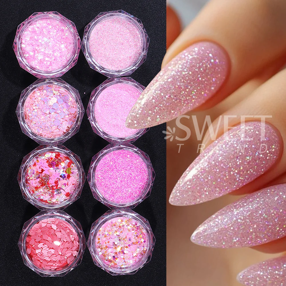 8pcs/set Pink Sugar Glitter Nail Powder Mixed Holographic Hexagon Irregular Nail Art Flake Sequins Pigment Manicure Decoration