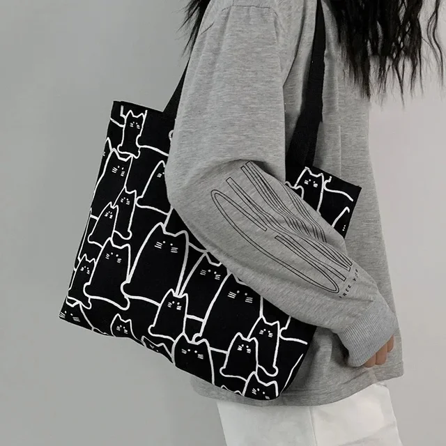 Canvas Bags Handbag for Women Shopper Cute Cat Tote Bag with Zipper Designer Bag Japanese Style Cartoon Small Shoulder Bags 5