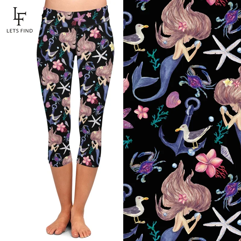 LETSFIND Hot Sale Cartoon Mermaid Print Capri Leggings Women High Waist Sexy Fitness Pants Summer Mid-Calf Leggings