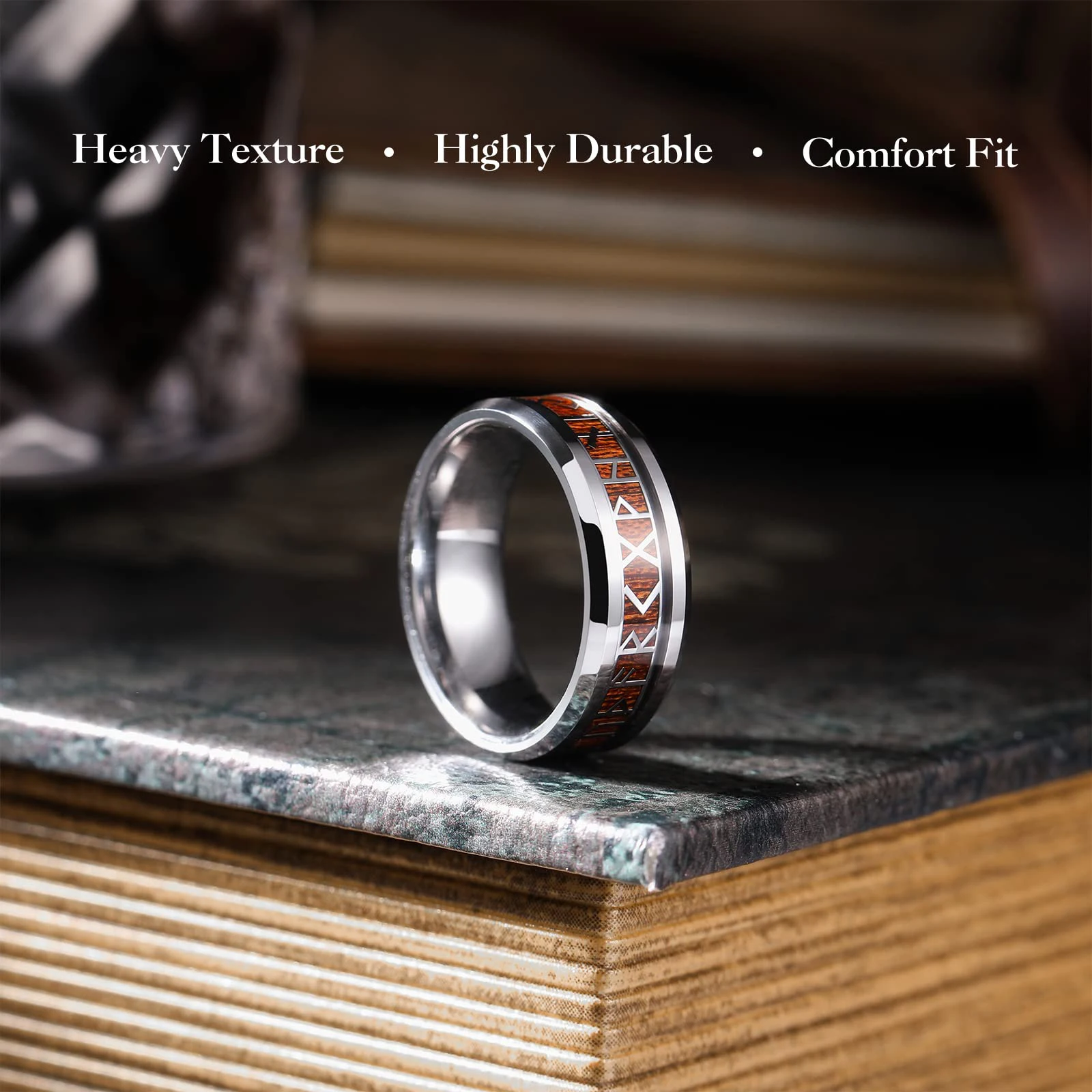 Classic 8mm Men's Stainless Steel Nordic Viking Rune Ring Inlaid Acacia Wood Ring Men Women Wedding Jewelry Gifts