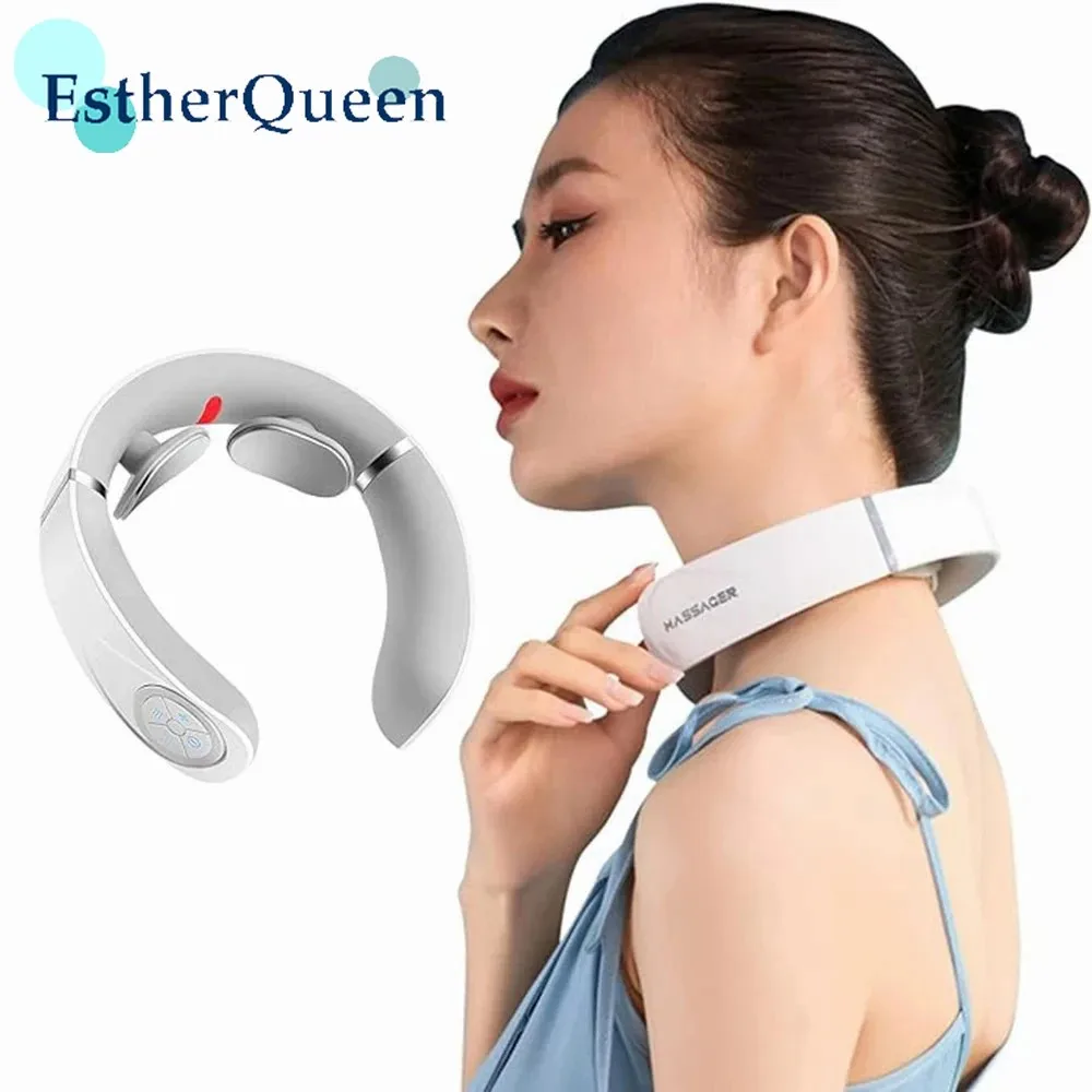 EstherQueen Neck Hot Compress Pulse Massager-5 Massage Modes,2 Massage Heads,16 Intensities,Deep Kneading and Charging Portable portable cordless tens massage patch pain relief muscle stimulation patch rechargeable with charging case electric pulse patch for relaxation