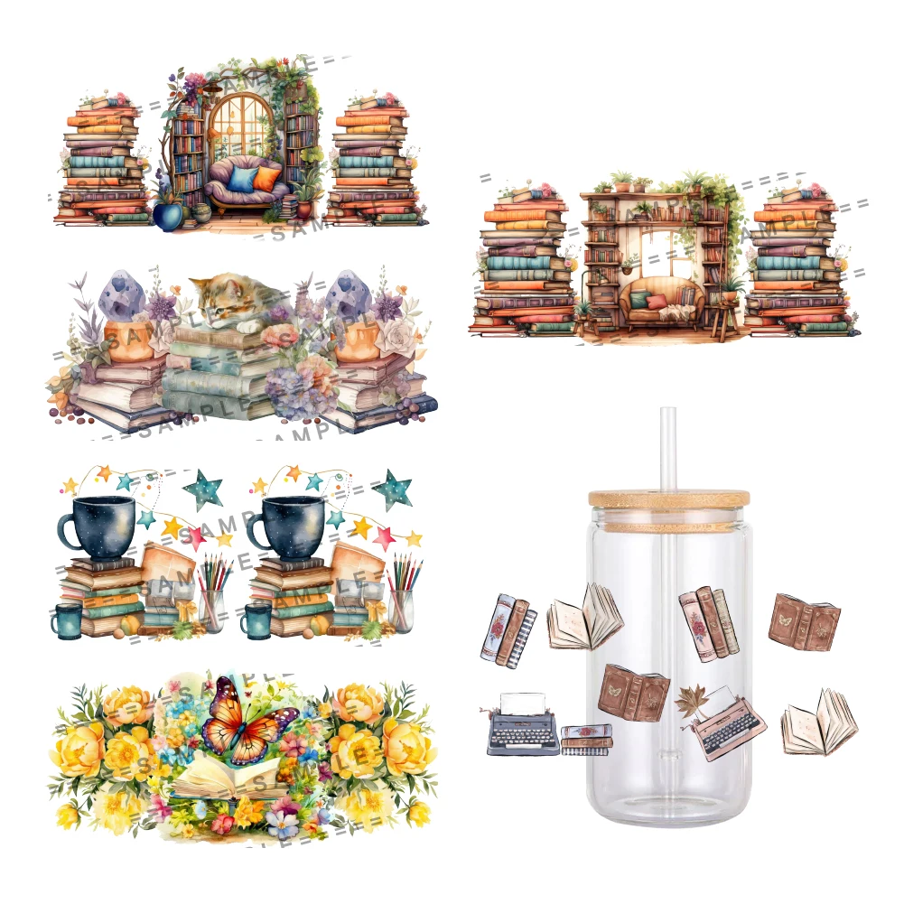Lovely Coffee Books Pattern UV DTF Transfer Sticker Waterproof Transfers Decals For 16oz Glass Cup Wrap Stickers