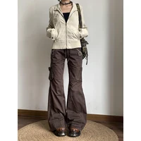 Brown Spliced High Rise Flare Jeans for Women Streetwear Y2K Aesthetic Cargo Jean Pants Vintage Denim Trousers Grunge Fairycore 1