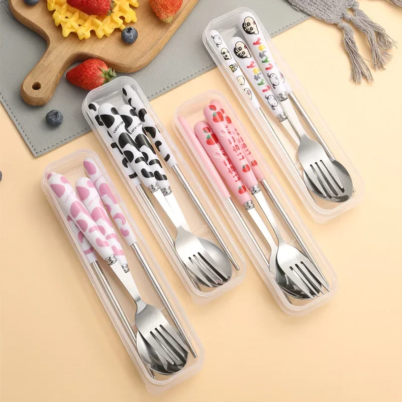 Cartoon Cow Cutlery Spoon Fork Chopsticks Stainless Steel Portable Travel Lunch Tableware Dinnerware Sets Kitchen Accessories