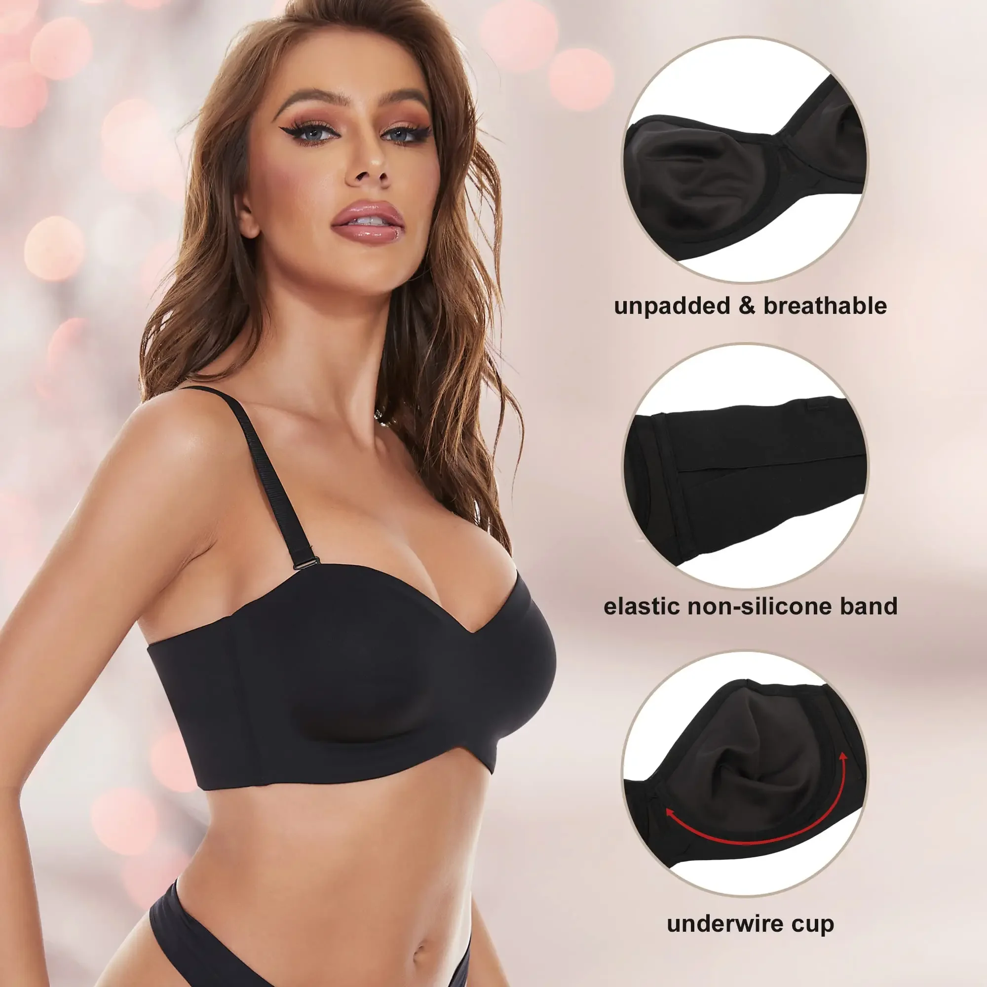 Non-Slip Multi-Way Strapless Bra Full Support Convertible Bandeau Bra  Invisible Lifting Underwire B-G Size Big Cup Underwear