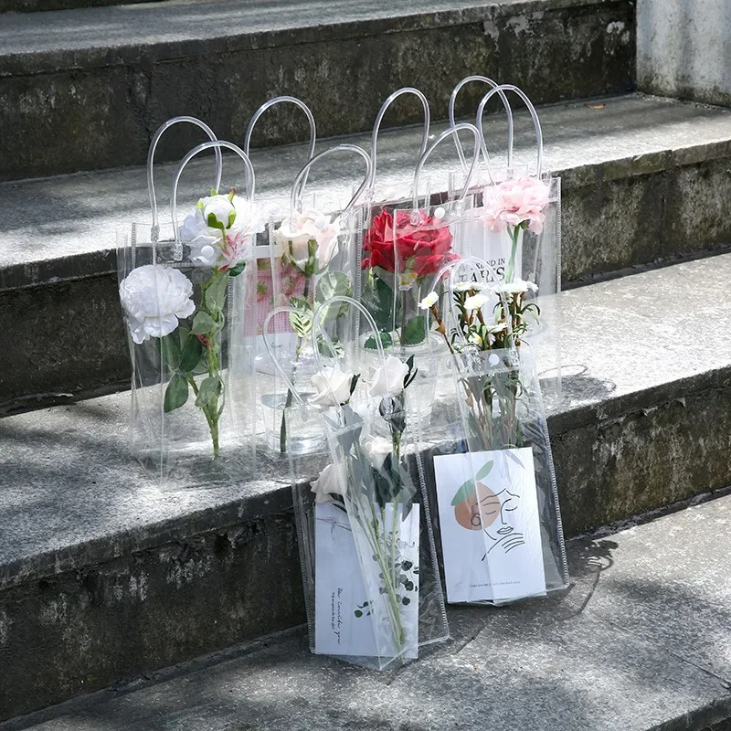 50 Pcs Clear Plastic Gift Bags with Handle Transparent Gift Bag Reusable Tote Bag PVC Goodie Bags for Wedding Party Supplies