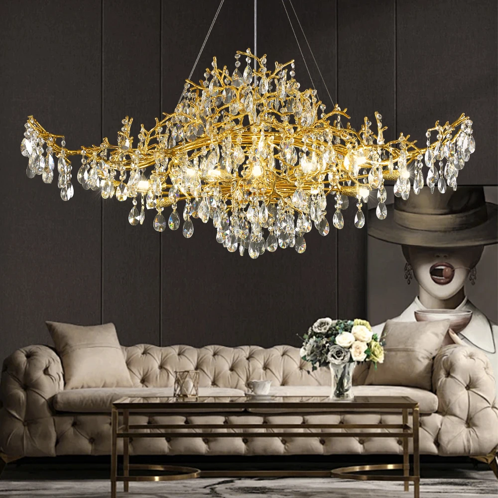 French Large Ceiling Chandelier Crystal Light Luxury Branch Chandelier Living Room Hotel Hanging Light Fixture for Kitchen 220V