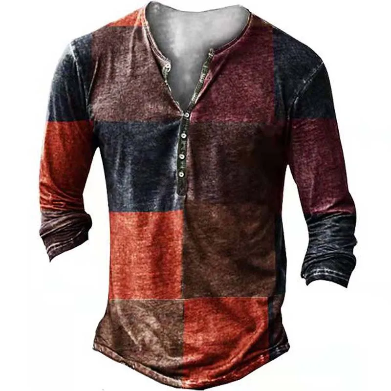 

Vacation T Shirts For Men Cotton Lattice Graphic T-Shirt Printing Male Henley Shirt Ethnic Style Long Sleeve Tees Men's Clothing