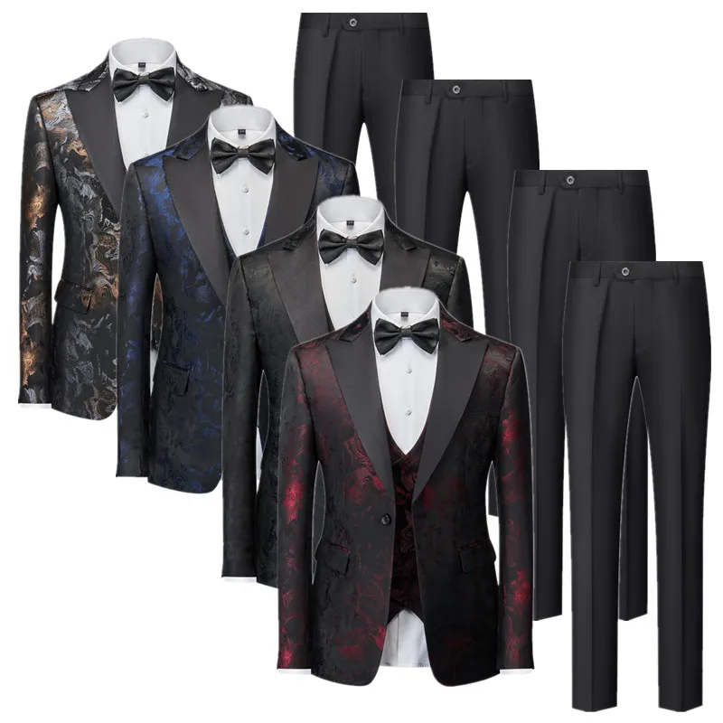 Men Wedding Party Dress 3 Piece Jacket Pant Vest Black Red Gray Fashion Male Business Social Dance Tailcoat Suits