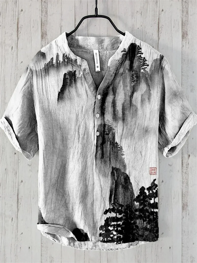 Popular European and American wave short-sleeved men's shirts, stand-up collar shirts, Hawaiian shirts, men's vacation shirts 5