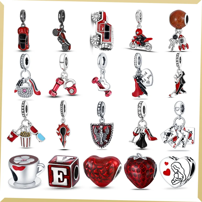 

925 Sterling Silver fashion Motorcycle Sunglasses Red bead Pendant Charms Fit Pandora Bracelet DIY Exquisite Birthday Jewelry