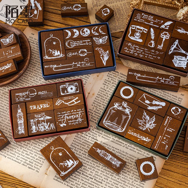 7 Pcs Retro Antique Stuff Stamp Wooden Rubber Stamps Cute Vintage Craft Stamps Set For Diy Scrapbooking Card Making Decoration