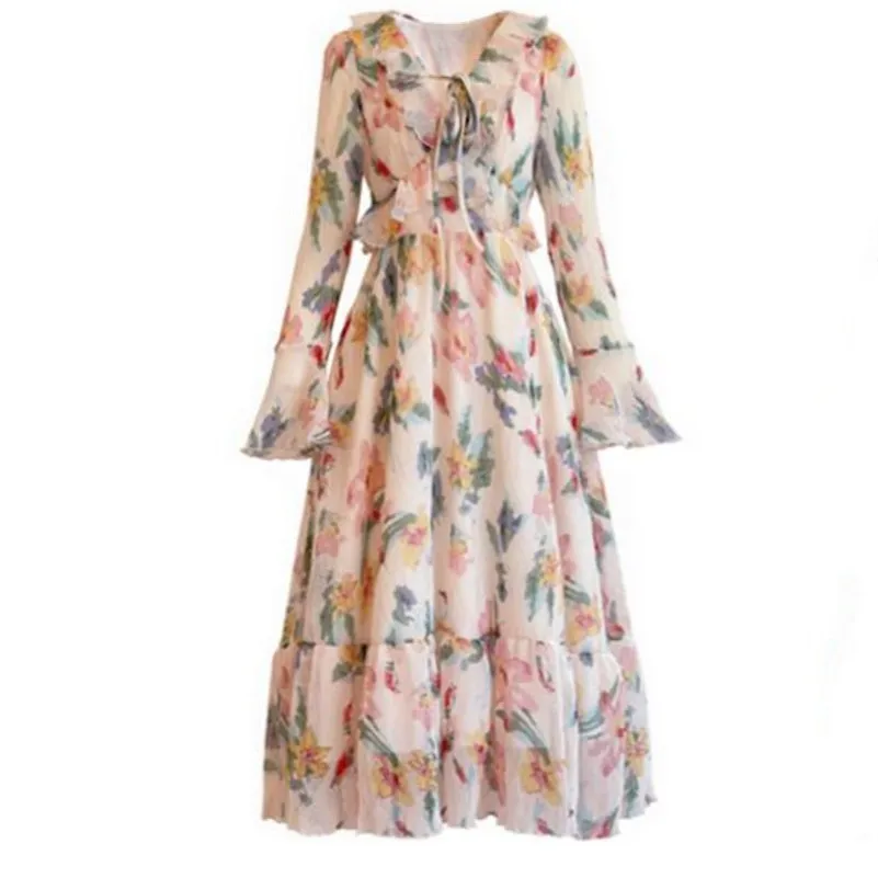 

Summer Chiffon Sweet Fresh Printed Long Dress V-Neck High Waist Ruffled A-Line Flare Sleeve Flowy Gentle Fairycore Vestidos