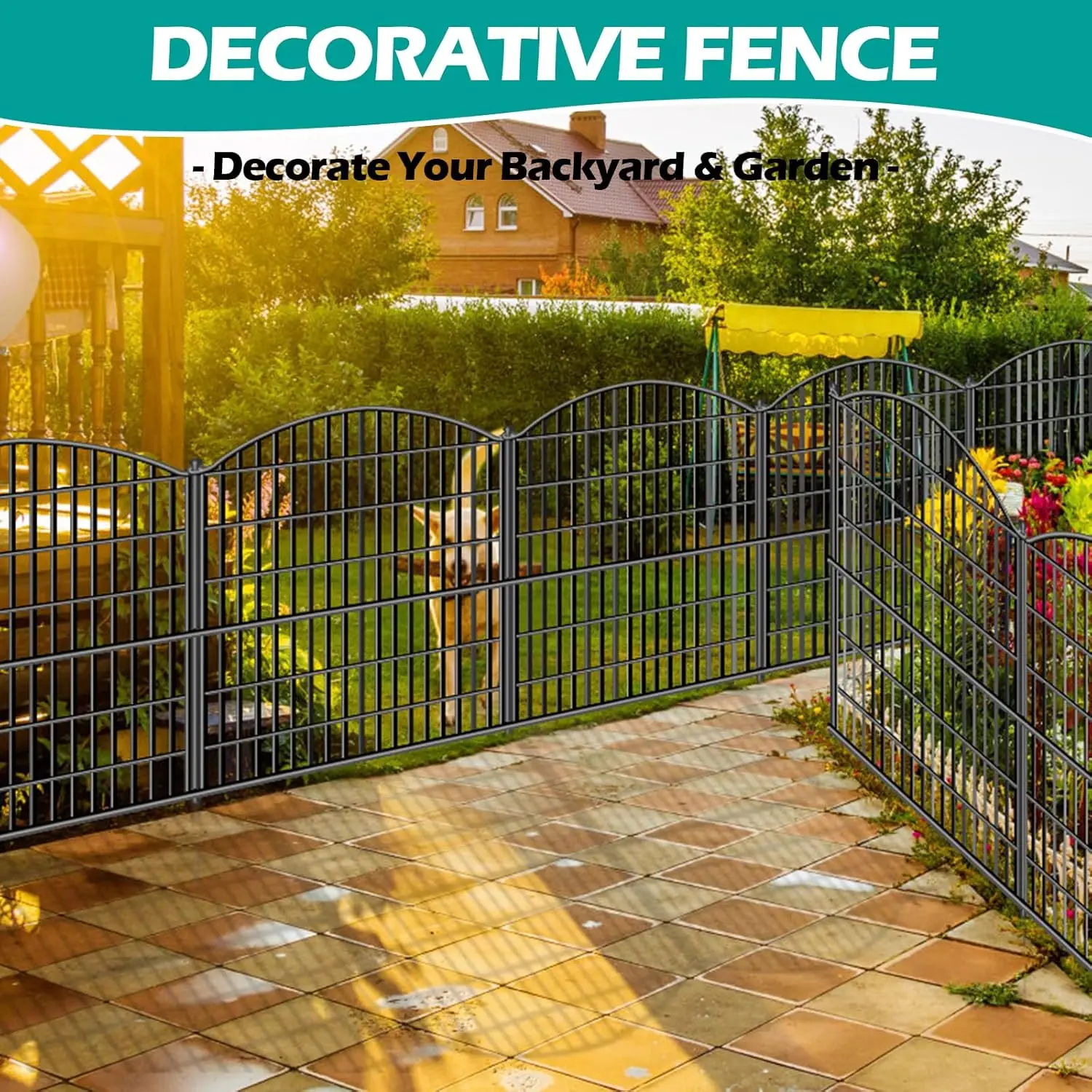 Metal Decorative Garden Fence, 15 Panels 32 in(H) X 38.4ft(L) No Dig Dog Animal Barrier for Patio, Animal Ground Stakes Fencing